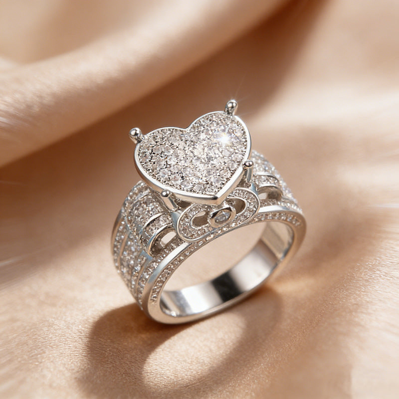 Micro-setting Diamond Heart Split Shank Statement Ring, Bold Luxury Romantic Fine Jewelry