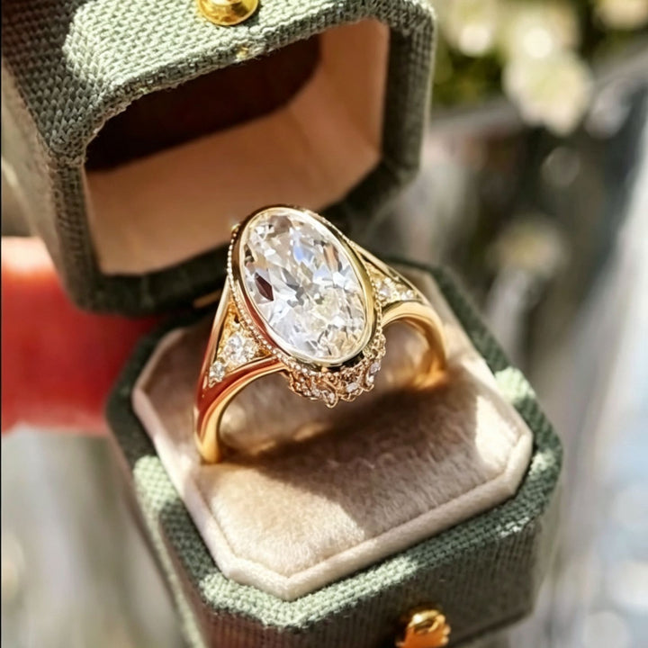 Vintage Oval Cut Open Adjustable Ring, Elegant Halo Statement Ring for Women