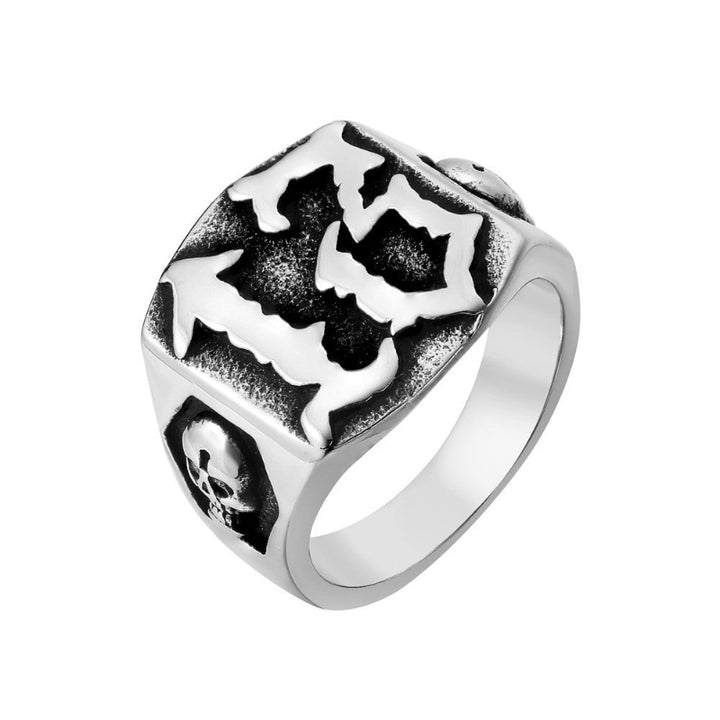 Vintage Carved Skull Side Signet Ring, Retro Biker Punk Men’s Statement Ring