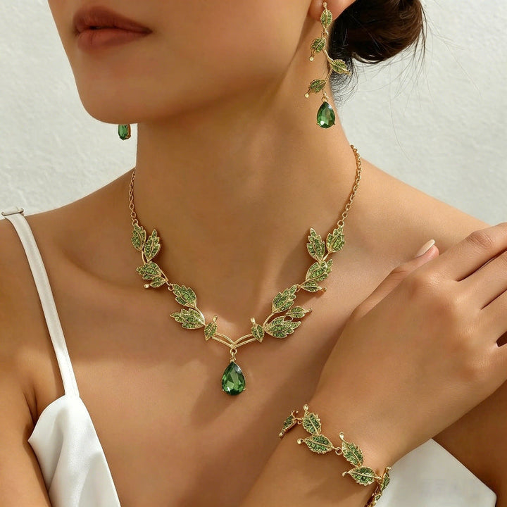 Leaf Teardrop DiamondsJewelry Set, 4-Piece Wedding Party Necklace Earrings Bracelet Kit