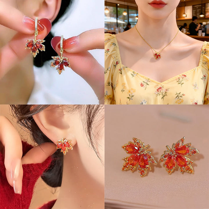 Sparkling Maple Leaf Jewelry Set, Red Stone Leaf Earrings &amp; Pendant Necklace for Women