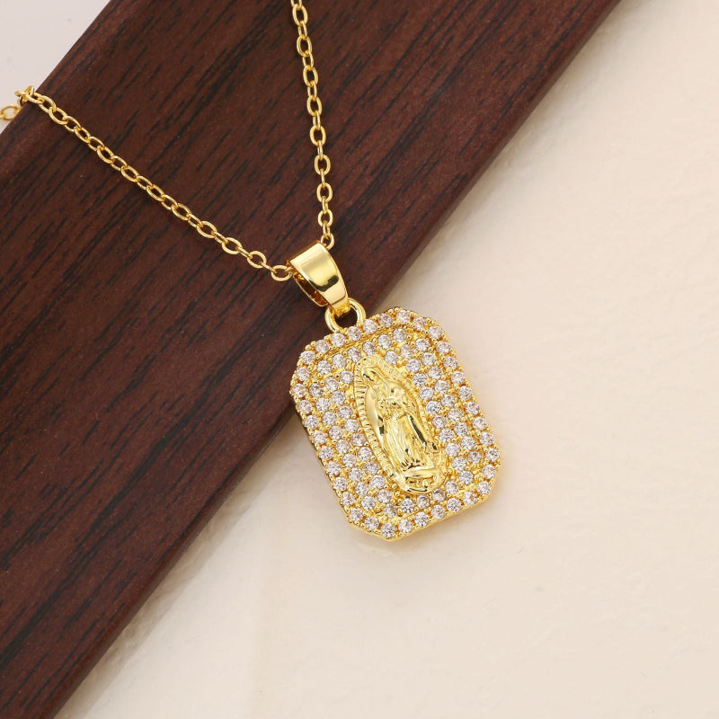 Iced‑Out Virgin Mary Tag Pendant Necklace, Bold, Fully Hip-Hop Style Necklace