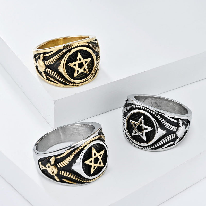 Vintage Pentagram Signet Ring, 3 Finishes Ornate Border Men’s Vintage Occult Amulet Ring