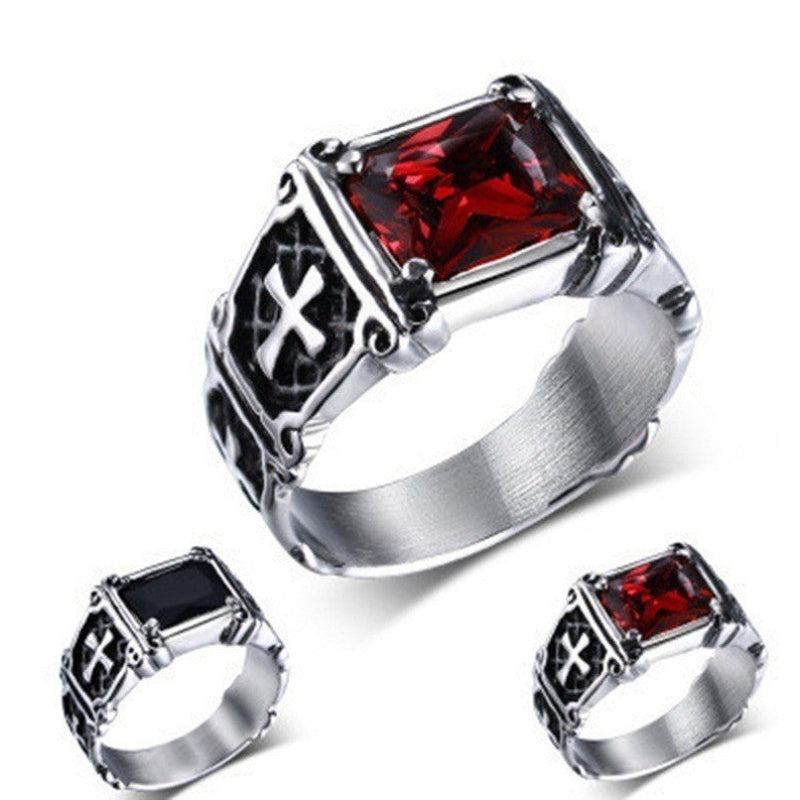 Gothic Cross Signet Ring, Vintage Rectangular Stone Statement Ring Punk Biker Jewelry for Men