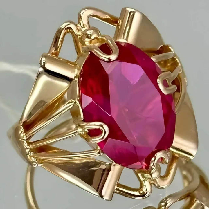 Oval Cut Rich Red Gemstone Ring, Bold Open‑Work Gold‑Tone Statement Ring for Men