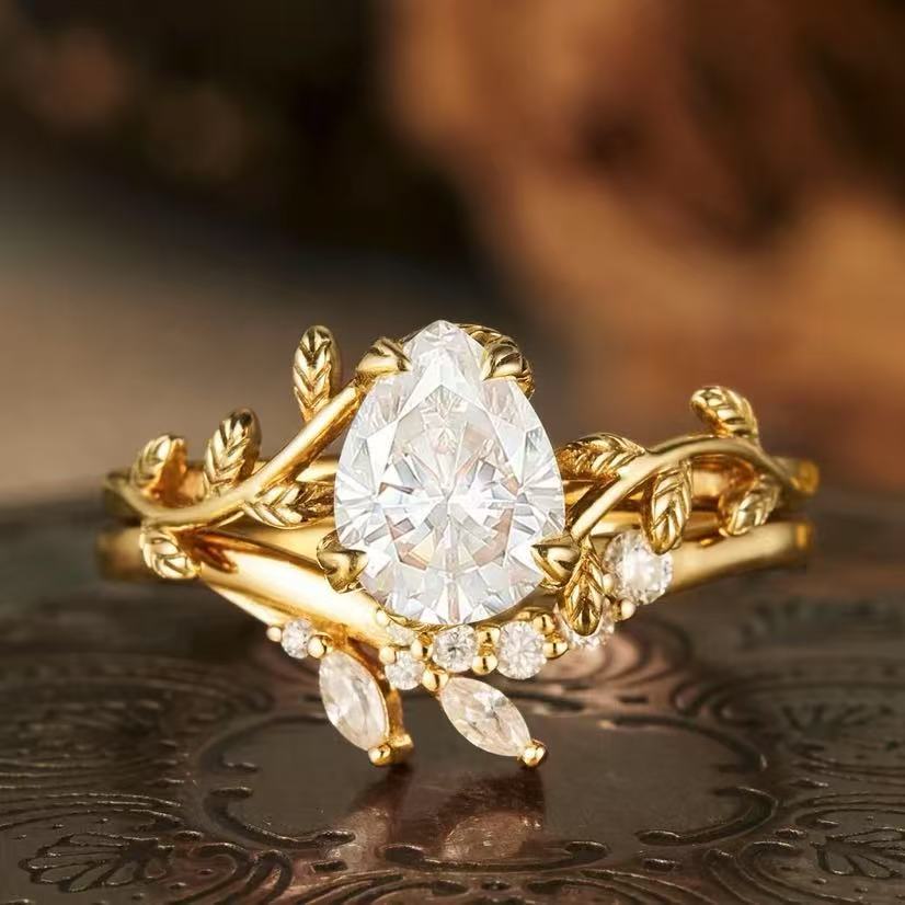 Leaf Shaped Stackable Ring Set, Elegant Teardrop Stone Matching Bands for Women