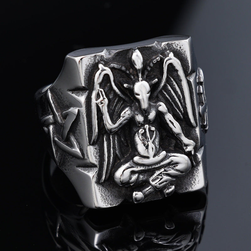 Vintage Baphomet Pentagram Signet Ring, Antique Oxidized Gothic Occult Men’s Statement Ring