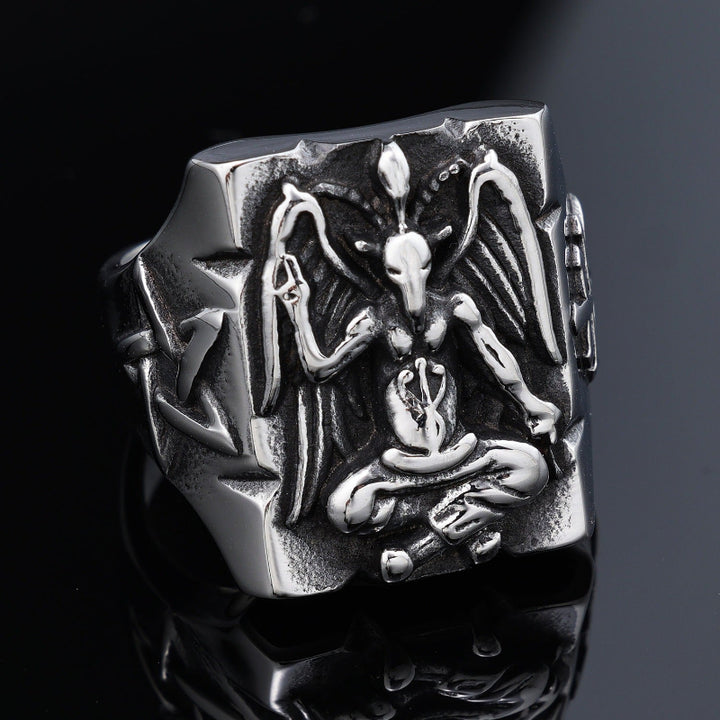 Vintage Baphomet Pentagram Signet Ring, Antique Oxidized Gothic Occult Men’s Statement Ring