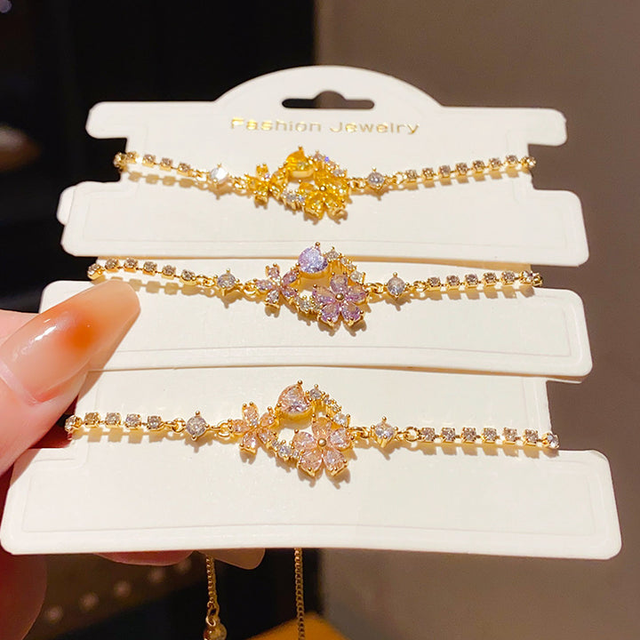 Colorful Floral Gem & Diamond Slider Adjustable Gold Bracelet, Delicate Bracelet for Women