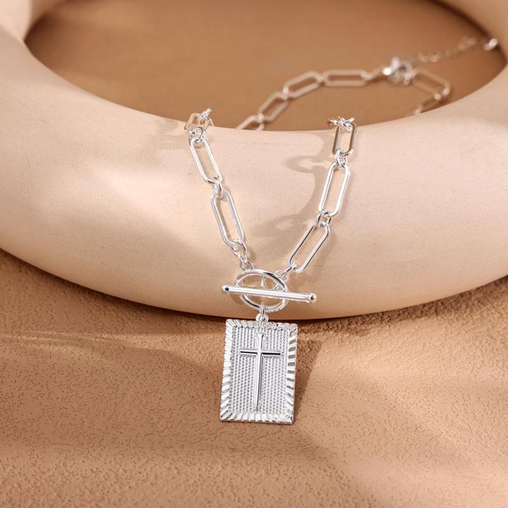 Paperclip Chain Toggle Clasp Rectangular Tag Pendant Necklace, Engraved Back Layerable Daily Fashion Jewelry