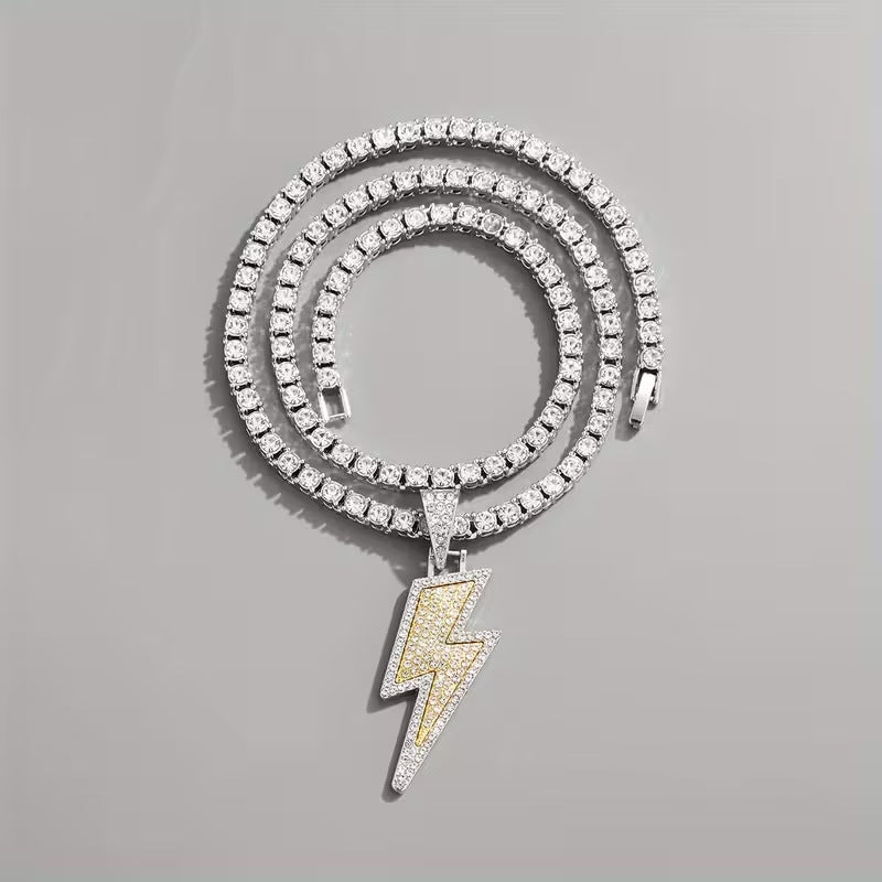 Two-tone Full Diamond Lightning Pendant Tennis Chain Necklace, Hip‑Hop Statement Jewelry