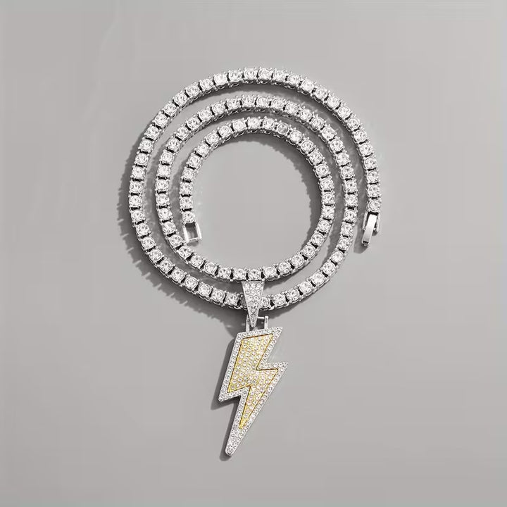 Two-tone Full Diamond Lightning Pendant Tennis Chain Necklace, Hip‑Hop Statement Jewelry