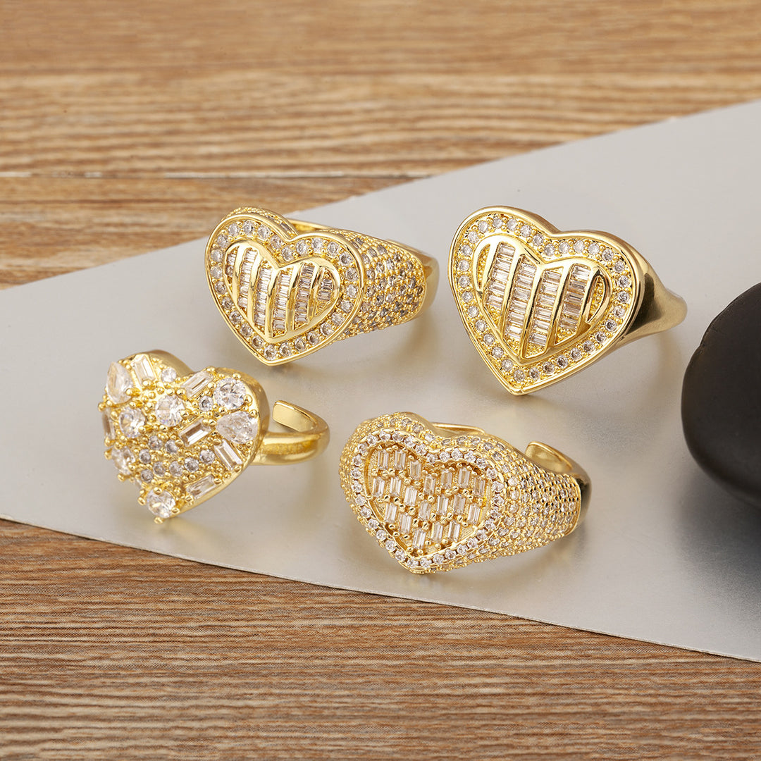 Glam Heart Shape Statement Open Ring, Sparkling Inlaid Diamond Design, Multiple Styles Available