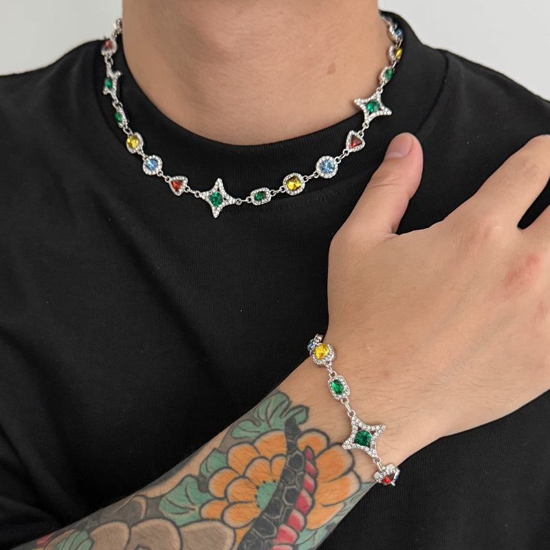 New Men's Colored Gemstone Cross Necklace and Bracelet, Colorful Gem & Diamond Star Link Jewelry Set
