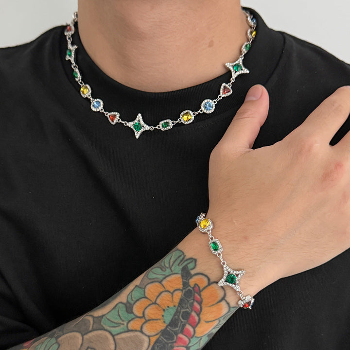 New Men's Colored Gemstone Cross Necklace and Bracelet, Colorful Gem & Diamond Star Link Jewelry Set
