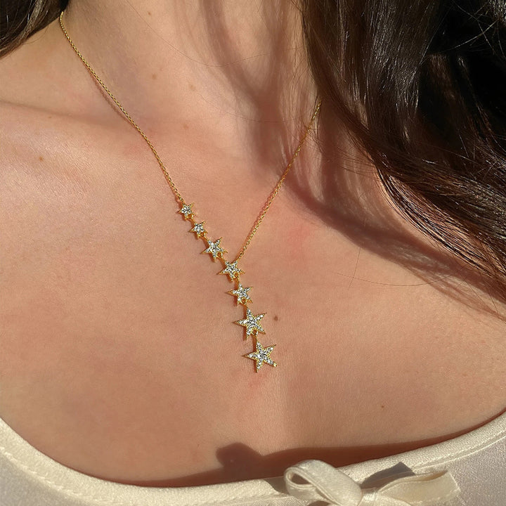 Starry Y Drop Necklace, Cascading Seven Star Pendant Necklace Sparkling Statement Jewelry for Women