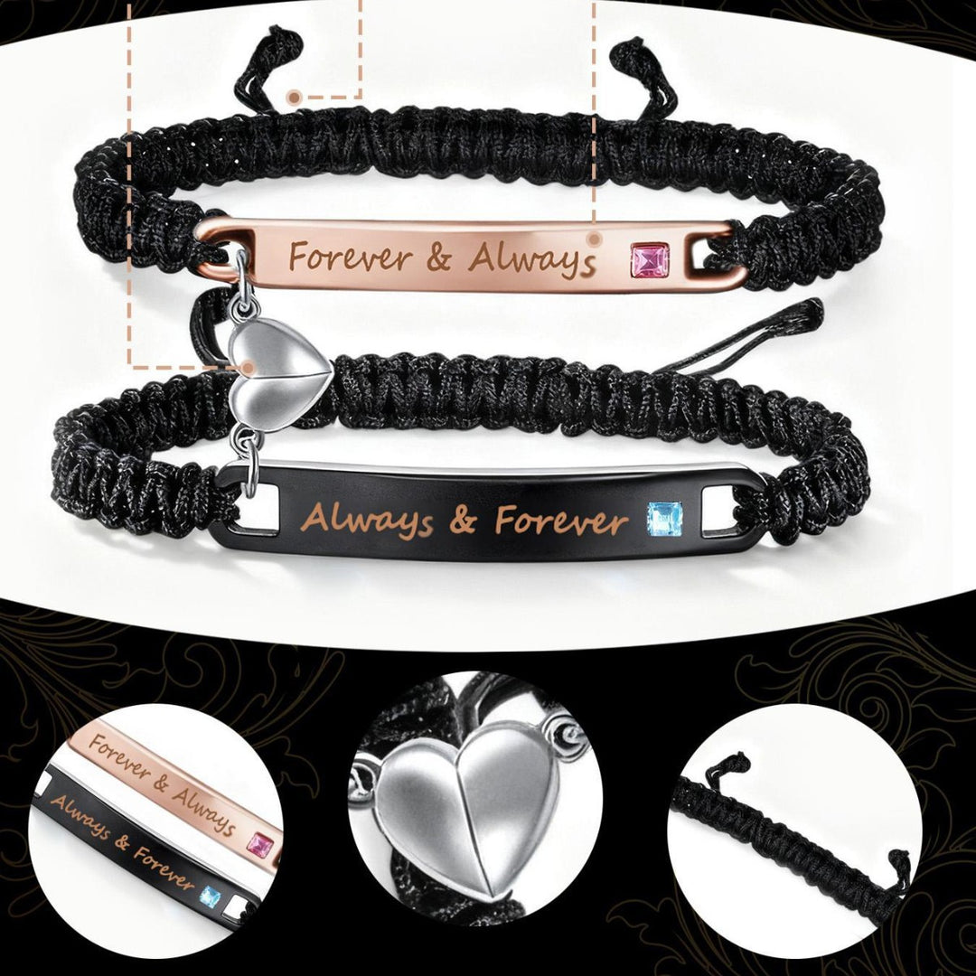 Couple Matching Bracelet Set, Magnetic Heart Charm Braided Wristband with Engraved Words