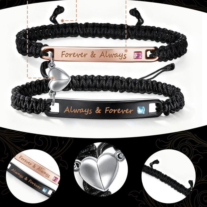 Couple Matching Bracelet Set, Magnetic Heart Charm Braided Wristband with Engraved Words