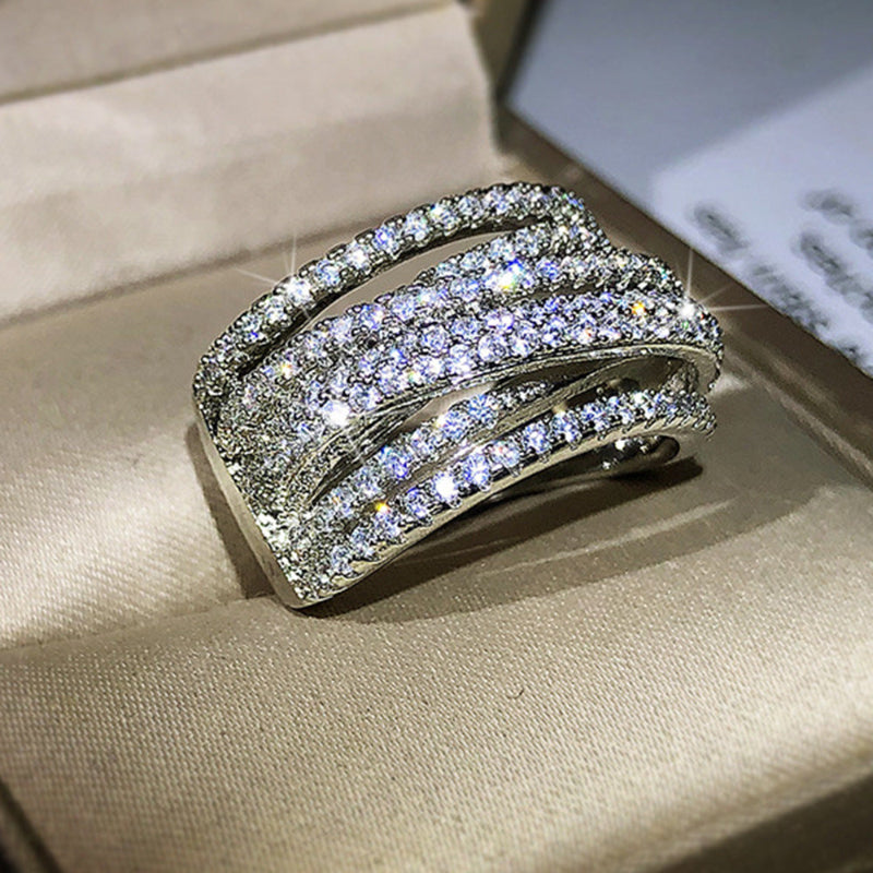 Multi-Layer Pave Curved Wide Band Diamond Statement Ring, Luxury Wavy Split Shank Ring For Women