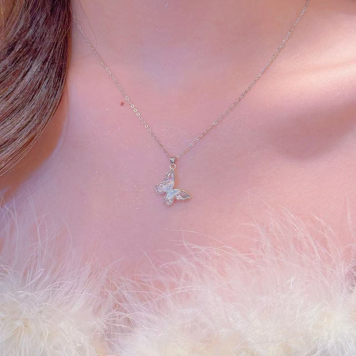 Dainty Iridescent Diamond Butterfly Pendant Necklace, Minimalist Delicate Wing Collarbone Jewelry For Women