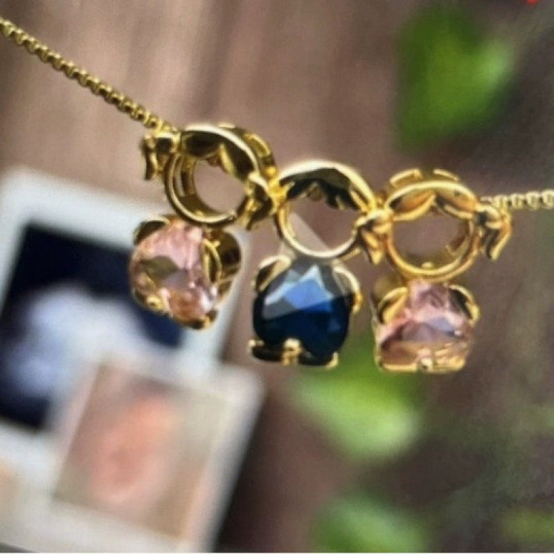 Triple Heart Birthstone Necklace, Custom Family Three Heart Gem Personalized Pendant For Mom & Best Friends