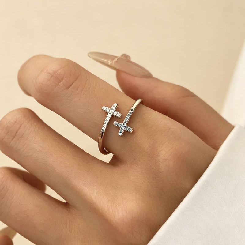 Dual Cross Pave Diamond Open Adjustable Ring, Silver Minimal Stackable Statement Band