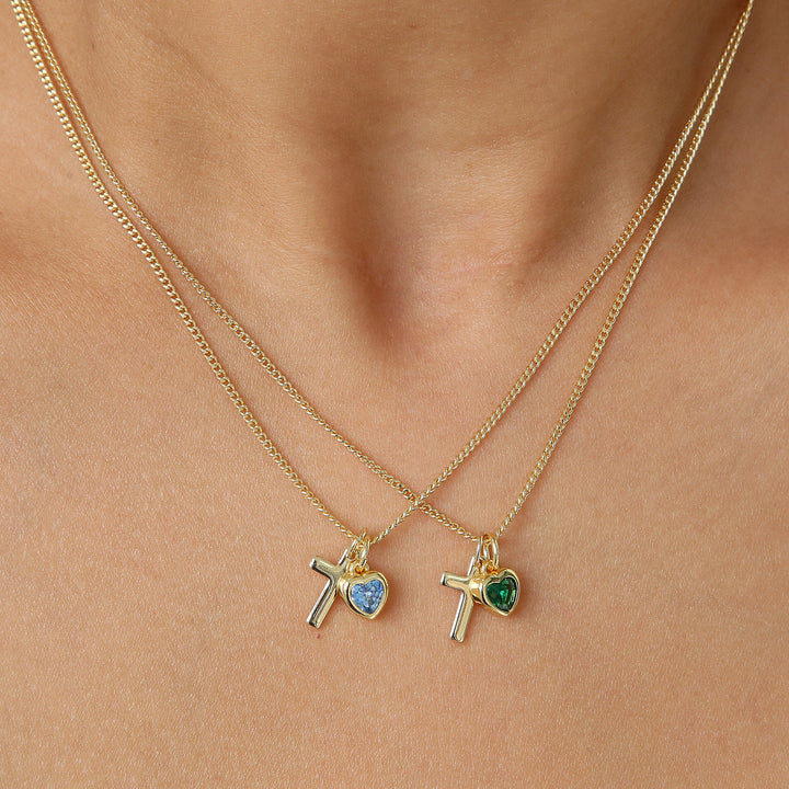 14K Cross Heart Birthstone Necklace, Ideal for Gifting and Everyday Daily Wear