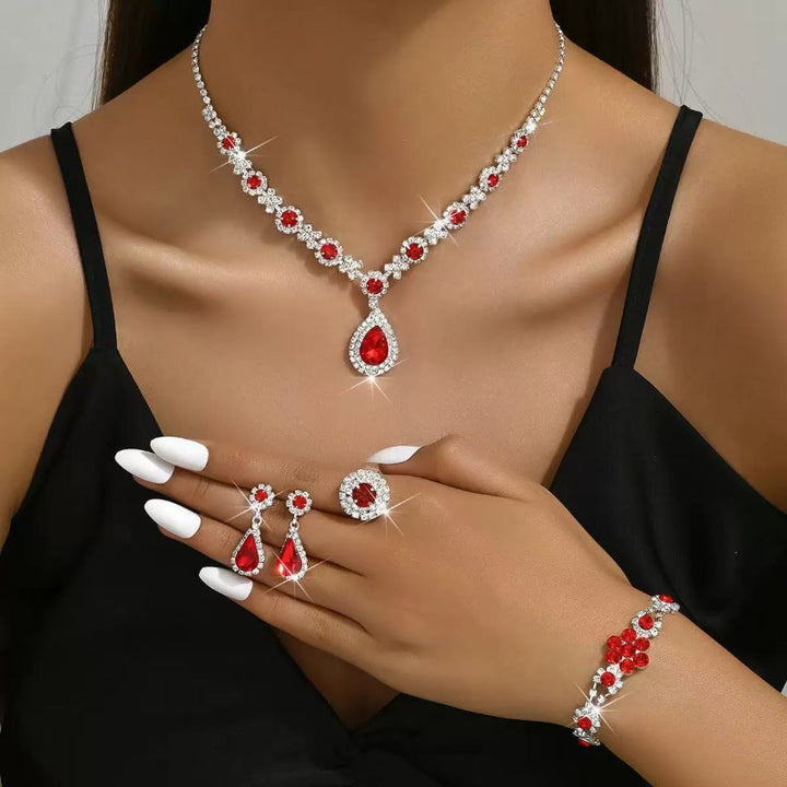 Teardrop Diamond Formal Jewelry 4Pcs Set, Necklace Earrings Bracelet Open Ring Wedding Evening