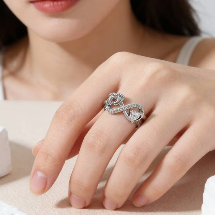 Open Adjustable Mom Baby Footprint Infinity Ring, Heart‑Stone Mother’s Keepsake Ring