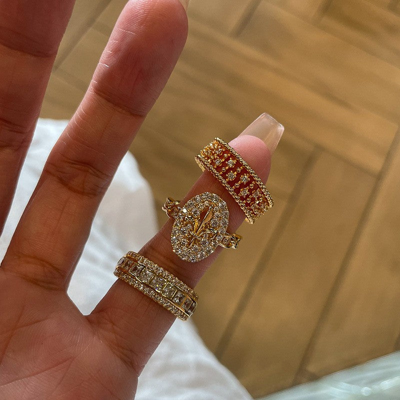 Vintage Stackable Open Ring Set, Sparkly Paved Diamond Rings for Women