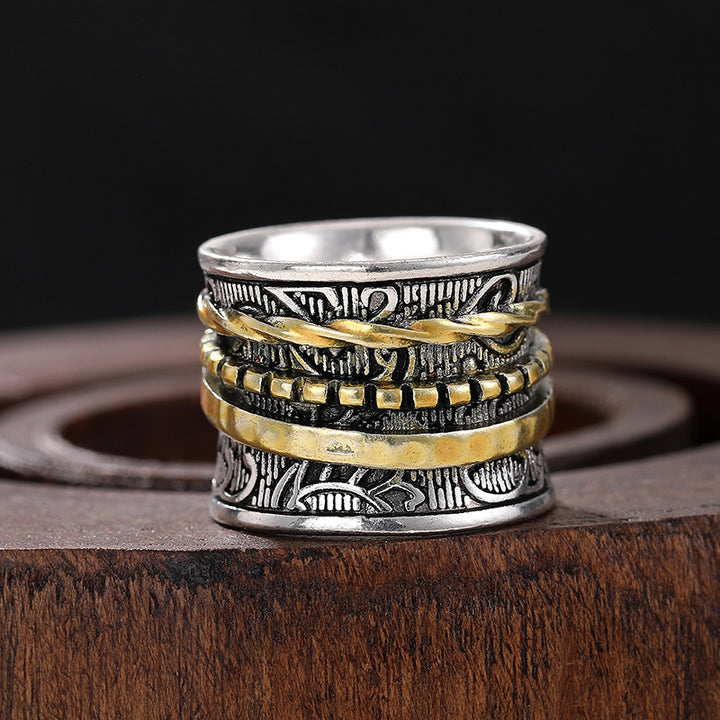 Two‑Tone Vintage Engraved Spinner Wide Band Ring, Boho Textured Rotating Fidget Statement Ring