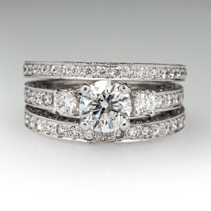 Vintage 3-Piece Stackable Ring Set, Round Brilliant Diamond Wedding Band Set