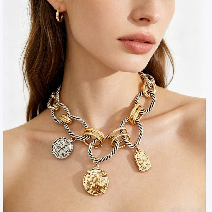 Two-Tone Twisted Cable Chain Vintage Mixed Coin Charm Choker Necklace Statement Collar