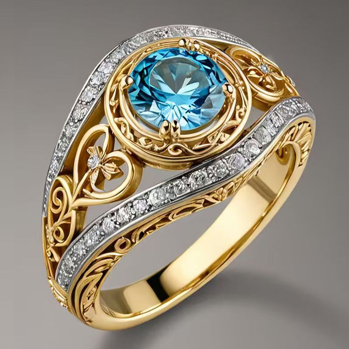Vintage Filigree Round Gemstone Ring, Two-tone Ornate Statement Ring for Women