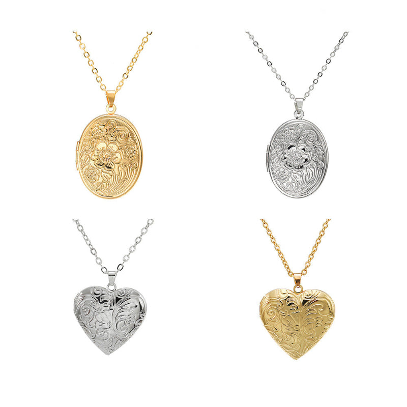 Vintage Floral Engraved Photo Locket Necklace, Stylish Patterned Collarbone Necklace