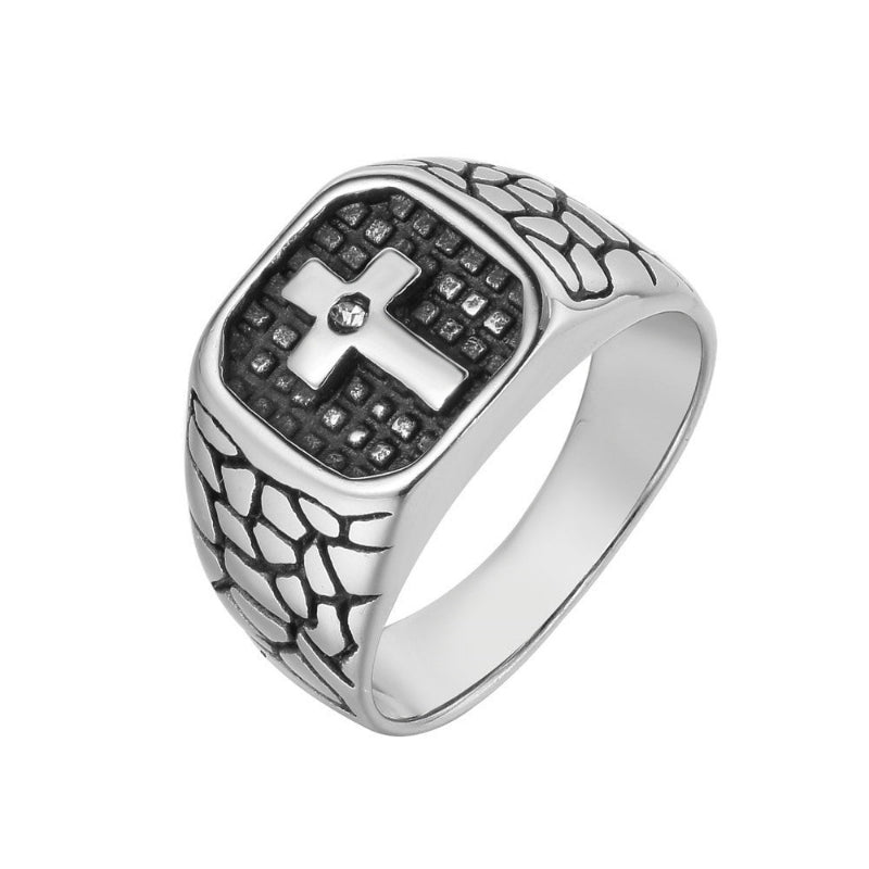 Vintage Textured Cross Signet Ring with Inlaid Diamond, Men’s Bold Statement Ring