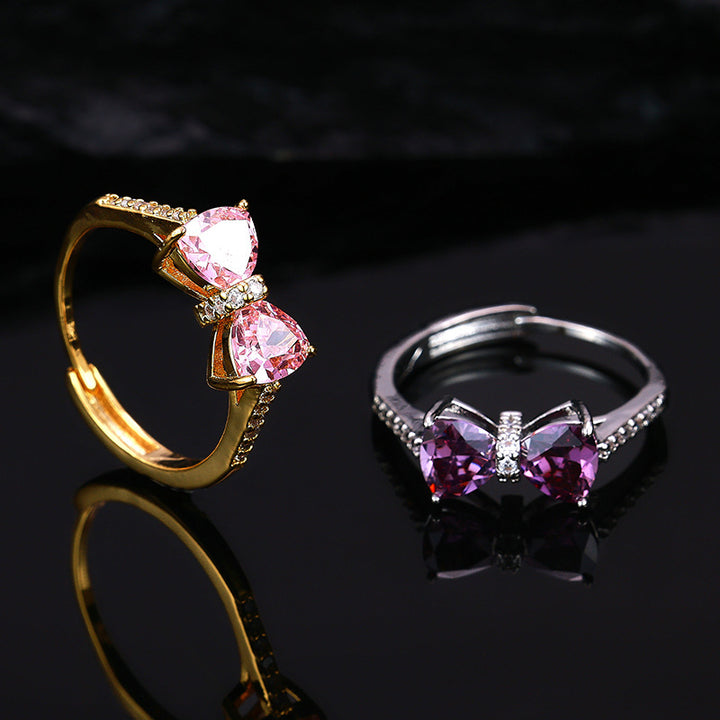 Bow‑Shaped Heart Gem &amp; Diamond Adjustable Open Ring, Elegant Color Statement Ring for Women