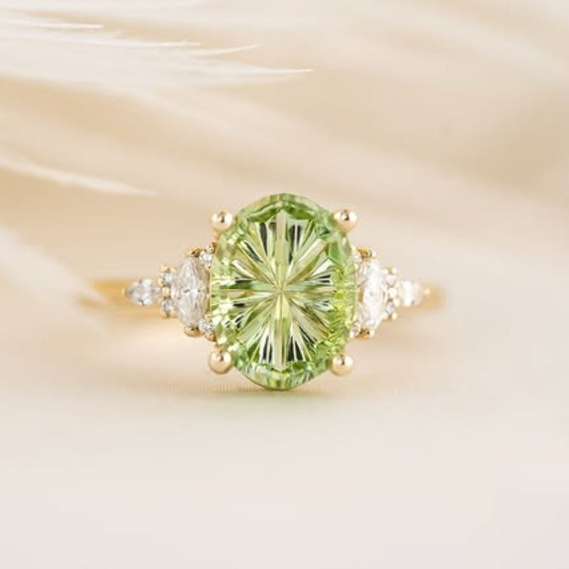 Oval Blue Topaz / Radiant Clear Diamond / Round Green Peridot Floral Side Cluster Promise Rings