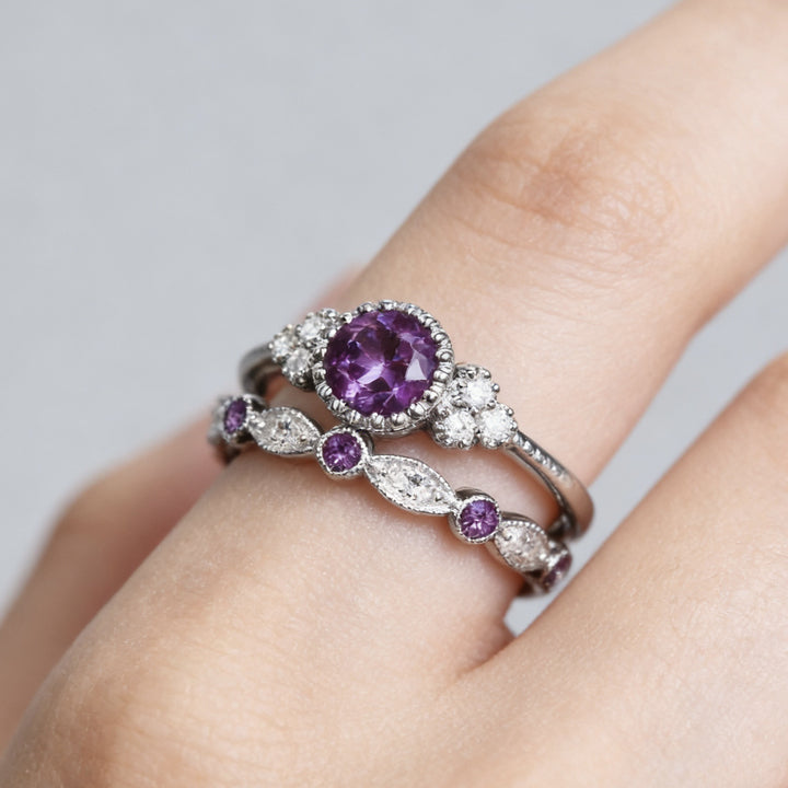 Round Cut Gemstone Halo Ring Set, Vintage Stackable Matching Wedding Bands for Women