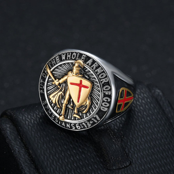3‑Tone Warrior Cross Shield Religious Statement Ring for Men
