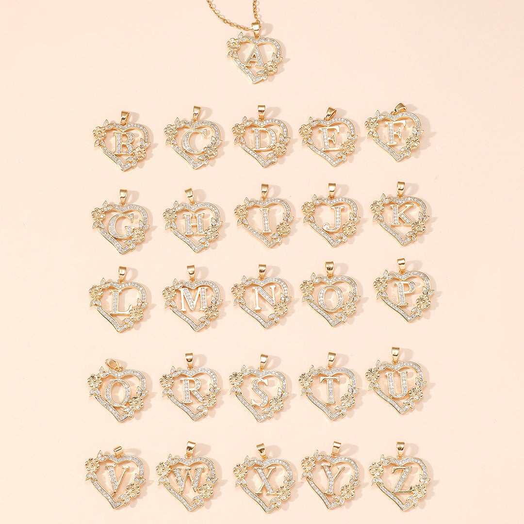 Heart‑Shape Floral 26‑Letter Initial Pendant Necklace, 2‑Tone Option
