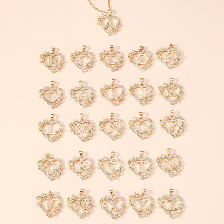 Heart‑Shape Floral 26‑Letter Initial Pendant Necklace, 2‑Tone Option