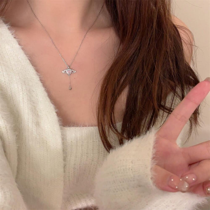 Angel Wing Heart Halo Lariat Drop Silver Necklace, Movable Winged Collarbone Necklace