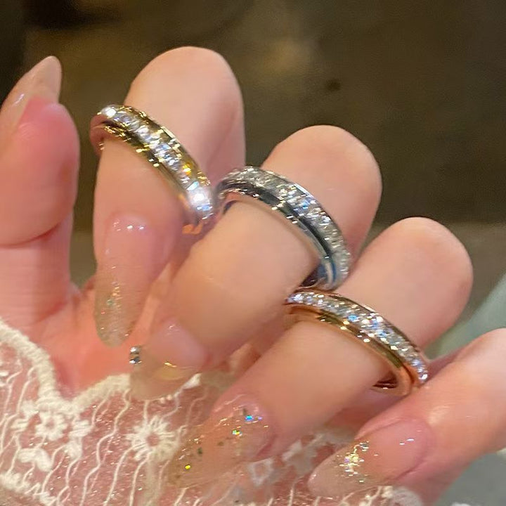 Rotating Ring Paved Clear Diamond Band, 3 Tone Minimal Thin Wedding Statement Ring