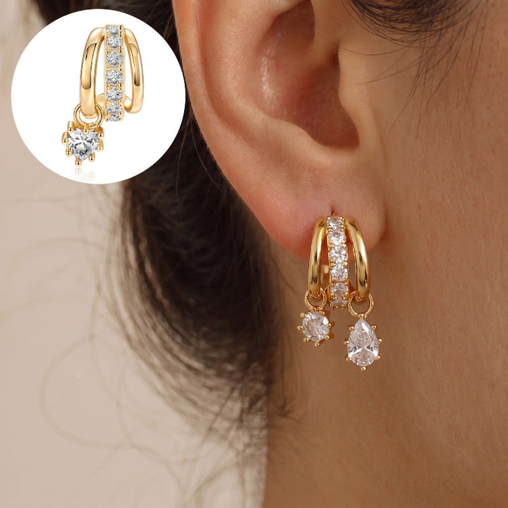 Multi‑Layer Hoop Teardrop Earrings, Two‑Tone Gold Tone With Sparkling Dangling Diamond Charms