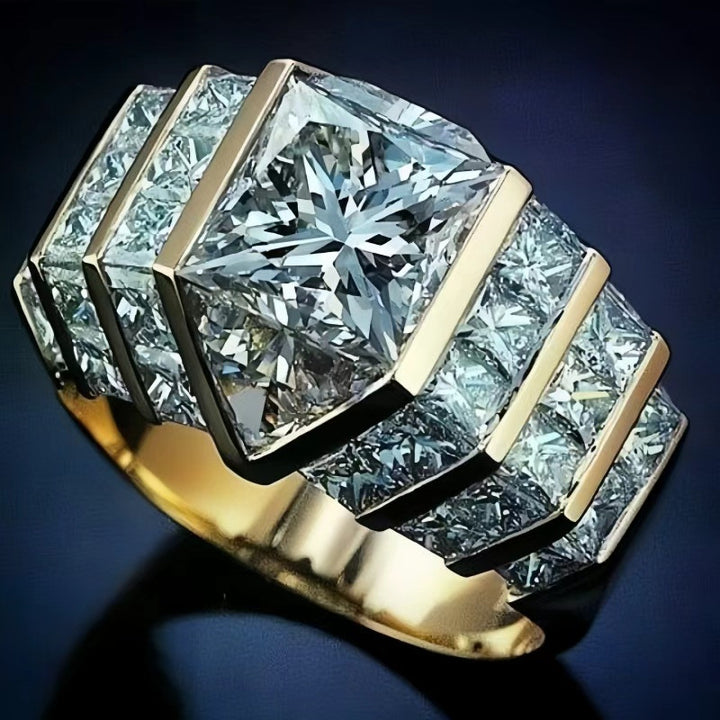 Bold Geometric Cluster Statement Ring, Modern Princess Cut Cocktail Ring for Men and Women
