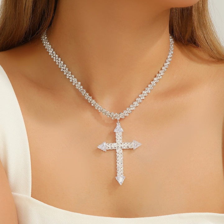 Princess Cut Diamond Cross Tennis Chain, Iced Luxe Hip Hop Faith Pendant Necklace
