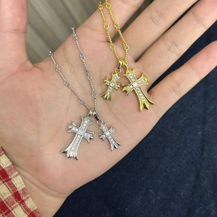 Double Cross Pendant Diamond Necklace, Versatile Statement Sweater Necklace, Trendy Gift for Women Men