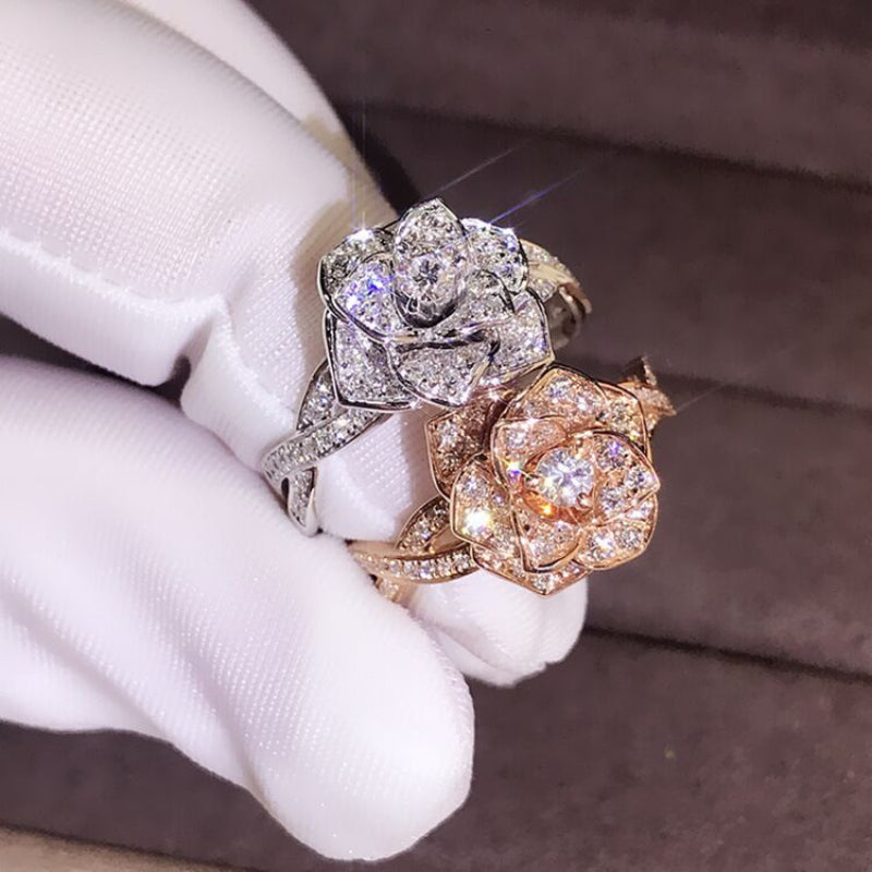 3D Sculptural Rose Flower Solitaire Ring, Pave Shank Floral Engagement Promise Ring