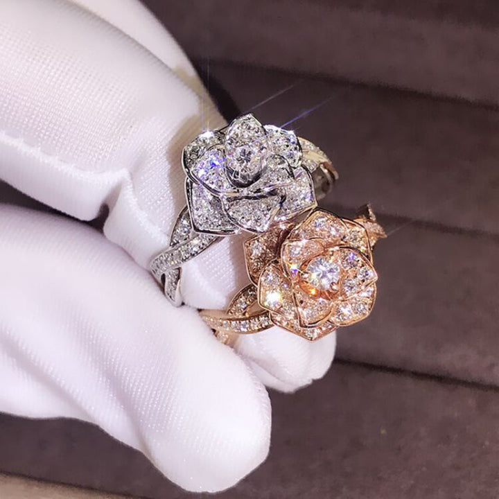 3D Sculptural Rose Flower Solitaire Ring, Pave Shank Floral Engagement Promise Ring